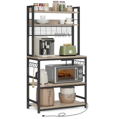 Afbeelding van VASAGLE KKS025B02EU Keukenrek met stopcontacten, magnetronrek roosterplaat, 14 haken, 40 x 80 170 cm, grijs/zwart