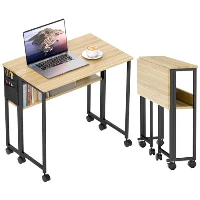 Afbeelding van HOMCOM Opvouwbaar bureau op wielen, computertafel 80 x 50 cm met plank en opbergtas, studeertafel voor thuiskantoor, slaapkamer, kleine ruimtes, eiken