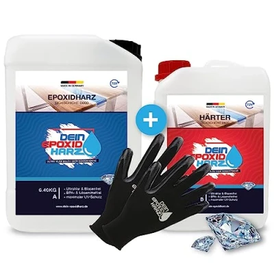 Afbeelding van Dikke laag epoxyhars met verharder 9,6 kg set professionele kwaliteit, ultra transparant en geurarm 10 cm in één vorm + beschermende handschoenen