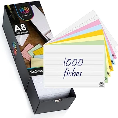 Afbeelding van OfficeTree A8 indexkaarten, gelinieerd, wit en kleurrijk, 1000 stuks, leerkaarten met verstekdoos, voor Engelse woordenschat, formules notities