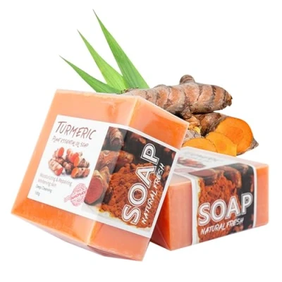 Afbeelding van KYSUN 2 stuks natuurlijke zeep, veganistische douchezeep, kurkumazeep, kurkuma gezichtszeep, verhelderende kurkumazeep als vaste douchegel en shampoo