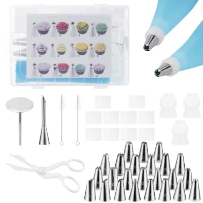 Afbeelding van set spuitmonden, taartdecoratieset 34 stuks, 2 taartspuitmonden, van roestvrij staal herbruikbare siliconen spuitzakken, voor cakes, cupcakes, koekjes, gebakdecoratie