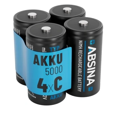 Afbeelding van ABSINA 4 stuks C Baby LR 14 oplaadbare 5000 batterijen met lage zelfontlading NiMH min. 4500 mAh en 1,2 V C, batterijen, LR14