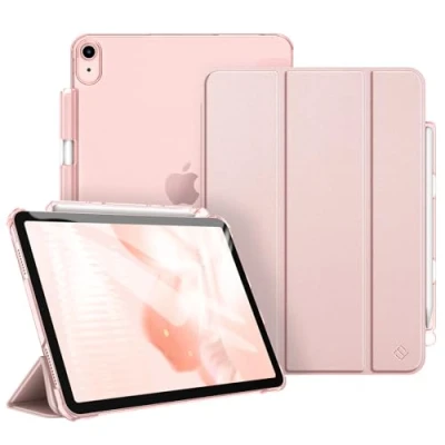 Afbeelding van Fintie Hoes voor iPad Air 4.Generatie 2020 10.9&quot; met Pen houder (Ondersteunt 2e generatie potlood, draadloze oplaadfunctie) Ultradun Case Cover Transparante Achterkant, Auto Wekken/Slapen, Rose goud