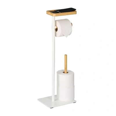 Afbeelding van wc rolhouder staand met bamboe plankje reserverolhouder wit