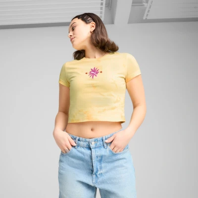 Afbeelding van Puma Floral Kurzes Figurbetontes MIT Grafik Tshirt print, Dames, Maat: Small, Sunny yellow