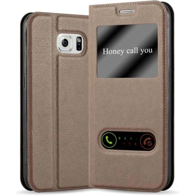 Afbeelding van Cadorabo Hoesje geschikt voor Samsung Galaxy NOTE 5 in STEEN BRUIN Beschermhoes met magnetische sluiting, standfunctie en 2 kijkvensters Book Case Cover Etui