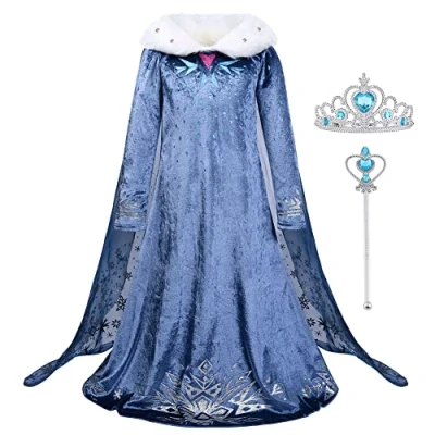 Afbeelding van URAQT Elsa kostuum, jurk met cape, prinses kostuum toverstaf en kroon, voor meisjes, bruidsmeisje, schoonheidswedstrijd (150 cm/7 8 jaar)
