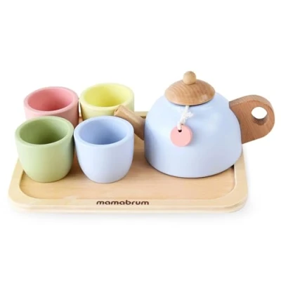 Afbeelding van Mamabrum Houten Theeset voor Kinderen 3+, Theeservies Met Dienblad 7 Delig, Rollenspel Speelgoed Barista, Kok, Theepot en Speelbekers