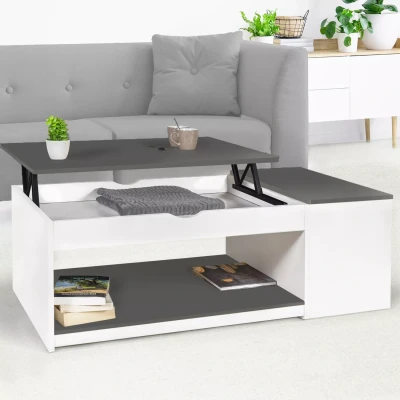 Afbeelding van Table basse plateau relevable ELEA avec coffre bois blanc et gris