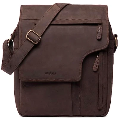 Afbeelding van LEABAGS Leren schoudertas voor dames en heren, laptoptas van echt leer tot 13 inch, messenger bag met schouderriem, werktas, draagtas handtas, Donkerbruin (Nature Dark Brown)