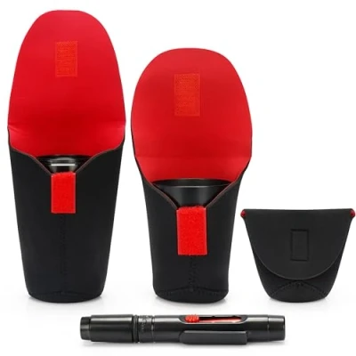 Afbeelding van Belle Vous 3 Pack of Protective Camera Lens Pouch Bags &amp; Cleaning Pen Thick SBR Case Cover Set for Universal DSLR Soft Carry/Travel Pouches Small, Medium Large Sizes