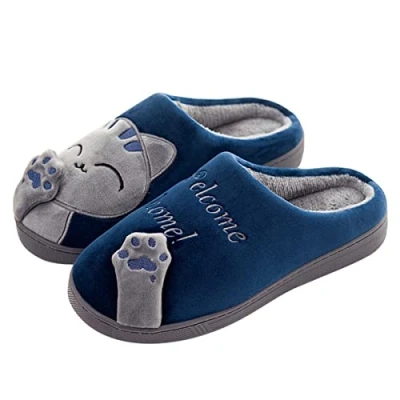 Afbeelding van AUXDIQ Vrouwelijke heren pantoffels schattige kat pluche herfst winter zacht warm huisschoenen indoor pantoffels, Blauw