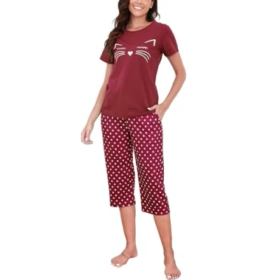 Afbeelding van ReliWel Katoenen korte pyjamaset voor dames, top met mouwen en capribroek zakken, 2 delige print, zacht comfortabel, nachtkleding, Wijn rood
