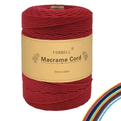 Afbeelding van FORBELL macramégaren, 3 mm x 300 m, premium katoengaren om te knutselen (bordeauxrood)