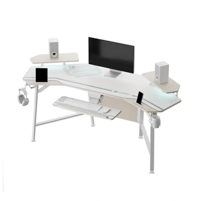 Afbeelding van EUREKA ERGONOMIC Gamingtafel met led, 182 x 76 cm, groot gamingbureau in vleugelvorm, computerbureau toetsenbordplaat, 2 monitorhouders, hoofdtelefoonhaak voor thuis,