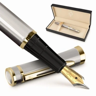 Afbeelding van Wordsworth &amp; Black Vulpenset, medium nib, bevat 6 inktpatronen en een inktnavulconverter, geschenkdoos, kalligrafie, gladde schrijfpennen [zilvergoud]