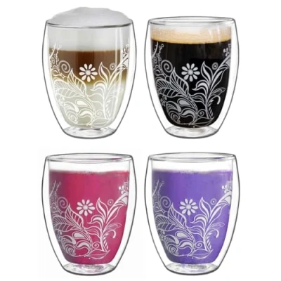 Afbeelding van dubbelwandige glazen 250 ml Flowery White thermoglas met decor in set van 4