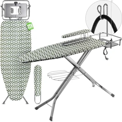 Afbeelding van KADAX strijkplank met stopcontact, 130 x 48 cm, strijkijzersteun en inklapbaar, stoomunit (groen)