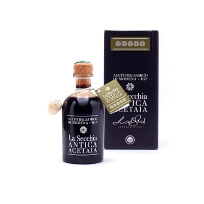 Afbeelding van La Secchia Balsamico azijn van Modena IGP &quot;Vijf sterren&quot;, gerijpt in 20 verschillende houten vaten, hoge dichtheid, 250 ml knop met doseerdop kurk
