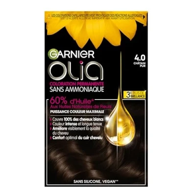 Afbeelding van Garnier Olia Permanente haarkleur, zonder ammoniak, met natuurlijke bloemolie, zuiver kastanjebruin (4.0)