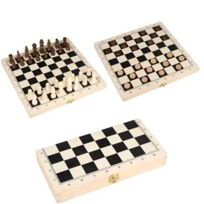 Afbeelding van Eddy Toys Houten Schaakbord En Dambord Opvouwbaar 2 in 1 Spel 65 Delig Schaakstukken Damstenen Inbegrepen Klassiek Bordspel Voor Kinderen Volwassenen