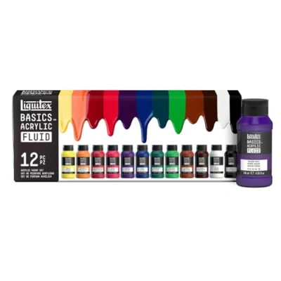 Afbeelding van Liquitex Basics Fluid Acrylset 12 x 118 ml, acrylverf met vloeibare consistentie, sneldrogend, lichtecht, waterdicht, op waterbasis, kleuren in flessen van ml