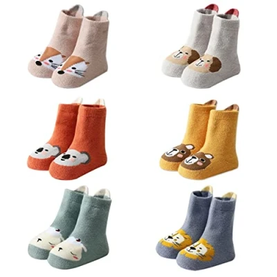 Afbeelding van FedMois 6 paar antislip sokken van thermisch katoen, winter, baby, kinderen, Dieren