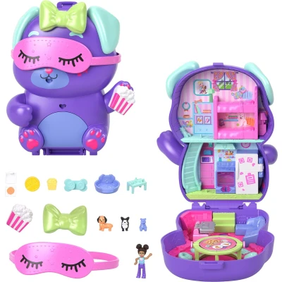 Afbeelding van Polly Pocket Poppen en speelset, pyjamafeest puppybox, reisspeelgoed met 1 kleine pop, puppy, mode voedselaccessoires, JCR38