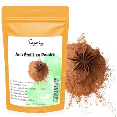 Afbeelding van 150 g steranijspoeder gemalen badiana aroma en intense smaak infusie, thee huisrecepten selectie eerste keuze Illicium Verum zak met ritssluiting TazainLTD