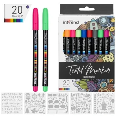 Afbeelding van int!rend Permanente textielviltstiften, 20 stuks, onuitwisbaar, voor machinewasbare stof, kleding, kinderen, met 4 fluorescerende uv markers