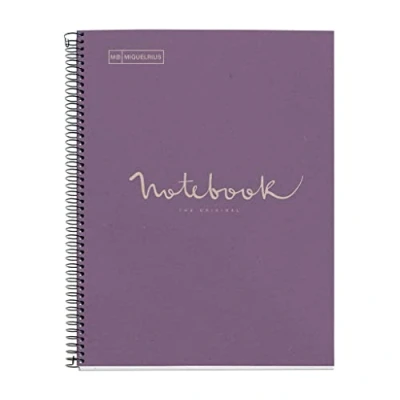 Afbeelding van Miquelrius gerecycled notitieboek A4, 80 vellen g/m², horizontaal gelinieerd 7 mm, papier (teruggewonnen na consumptie), 1 gekleurde band, 4 gaten, gerecyclede omslag, Eco Lavendel