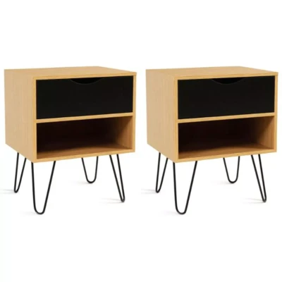 Afbeelding van Lot de 2 tables chevet NOEMI 1 tiroir étagère bois pied épingle