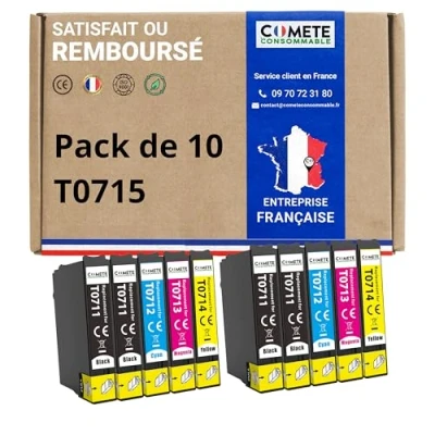 Image de COMETE, Marque Française T0715 10 Cartouches d&#039;encre compatibles avec EPSON (T0711, T0712, T0713, T0714) Noir et Couleur