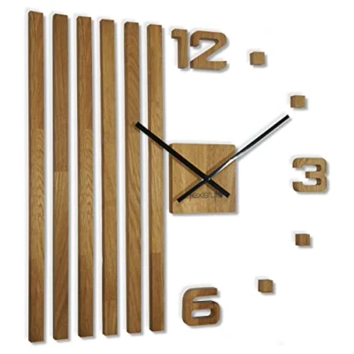 Afbeelding van 3D wandklokken DIY hout eiken lamellen groot 60 cm wandklok modern design eco muursticker decoratie klokken voor kantoor woonkamer slaapkamer decoratief artikel kwartsklok (zwarte wijzers)