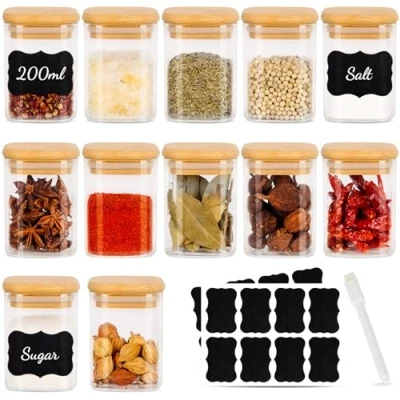 Afbeelding van set van 12 vierkante kruidenpotjes 200 ml luchtdicht met houten deksel, glas, kruidenpotjes, kruidenpotjesset