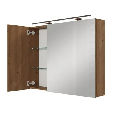 Afbeelding van Planetmöbel ARIA Spiegelbadkamerkast met verlichting, 90 cm breed, om op te hangen, spiegel, gouden eiken, lamp en stopcontact, spiegelkast voor gasten, x 70 16