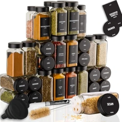 Afbeelding van Déco haus® Kruidenpotten, vierkant, luchtdicht, set van 12 [met etiketten en strooier] kruidenpotjes glas kruidencontainers, specerijen potten opslag