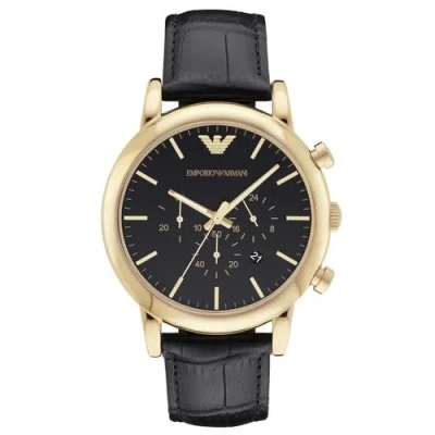 Afbeelding van Emporio Armani Herenhorloge, chronograaf kwartsuurwerk, 46 mm, goudkleurige roestvrijstalen kast met leren band, AR1917, Goud, Riem