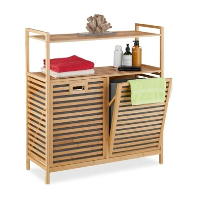 Afbeelding van Relaxdays wasmand 2 vakken bamboe &amp; stof kantelbare wasboxen wassorteerder planken
