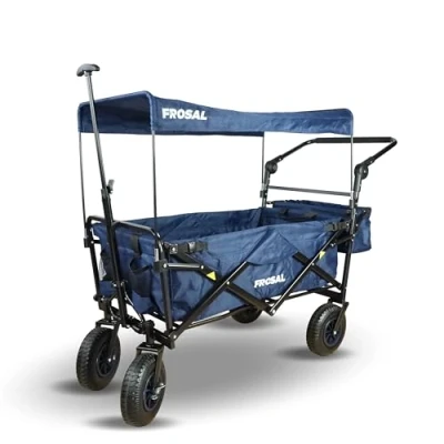 Afbeelding van FROSAL Nick Pro Opvouwbare transportwagen met rem, blauw dak, opvouwbaar, duwgreep, opblaasbare banden, luchtwielen, ideaal voor strand, bos en onverharde wegen