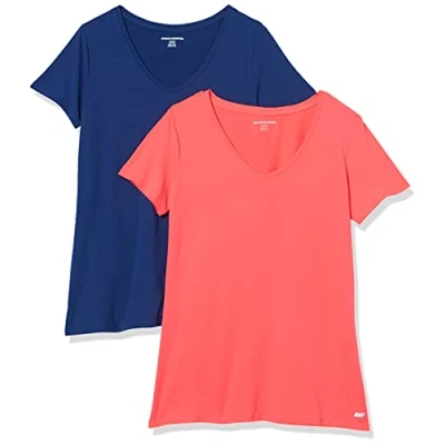 Image de Amazon Essentials T shirt Tech à manches courtes et col en V, extensible (disponible grande taille) Dames, 2 Pack, Bleu Marine/Orange Corail, XXL