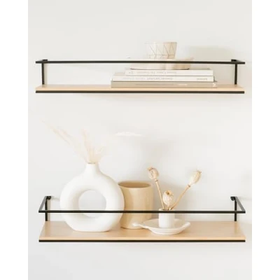 Afbeelding van Kazai.® Stenn Wandrek, hangplanken van metaal en echt hout, zwevende planken als rek voor badkamer, woonkamer, keuken, slaapkamer meer, beuken