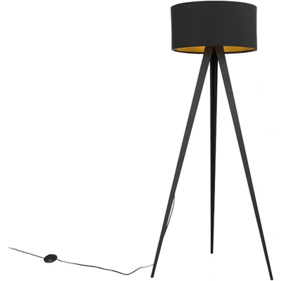 Afbeelding van QAZQA Vloerlamp zwart met kap en gouden binnenkant Ilse