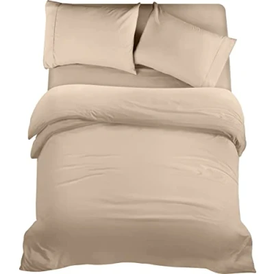 Afbeelding van Utopia Bedding Beddengoedset, geborsteld microvezel polyester, dekbedovertrek (200 x 200 cm), hoeslaken (135 190 cm) met kussenslopen (50 75 beige