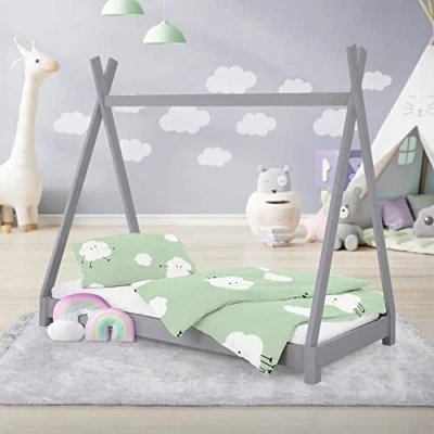 Afbeelding van Kinderbed Tipi met lattenbodem 70x140 cm Lichtgrijs van hout ML Design