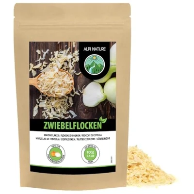 Afbeelding van Uienvlokken (100 g, 100 g), stukjes ui van 5 tot 30 mm, licht gedroogde en fijngehakte ui, natuurlijk product, zonder toevoegingen, ideaal voor groenten, pasta, soepen, vlees