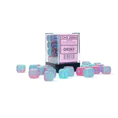 Afbeelding van Chessex Gemini Gel Green Pink/blue Luminary D6 12mm Dobbelsteen Set (36 stuks)