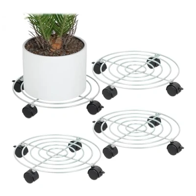 Afbeelding van plantentrolley set van 4 Ø 32 cm wieltjes staal binnen bloempot onderzetter