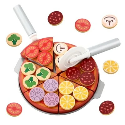 Afbeelding van Houten dinette pizzaset, 27 delige set voor handelaarsaccessoires kinderen, keukenaccessoires, knutselspeelgoed van hout, verschillende accessoires kinderhandelaars,